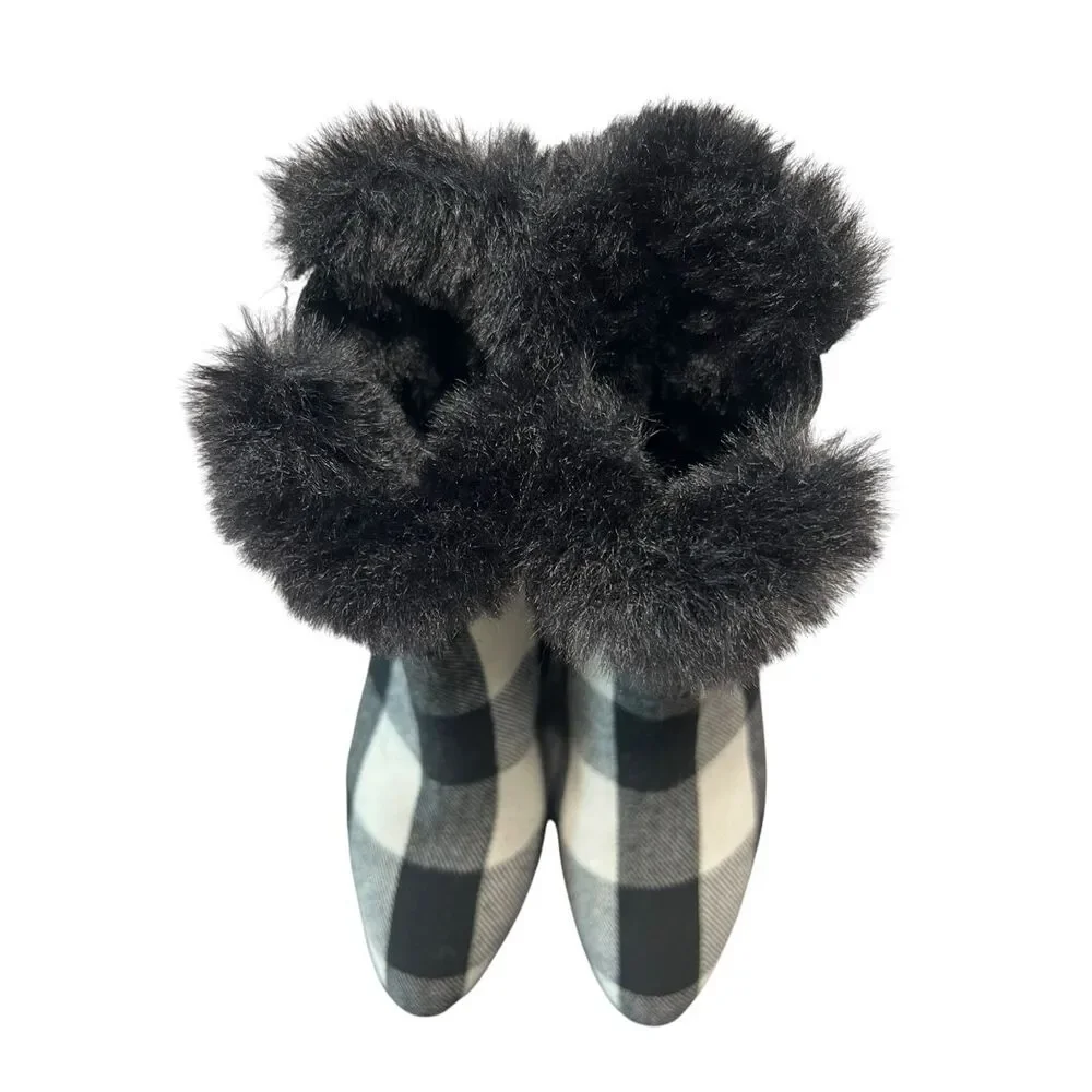 DKNY 9 Bax wedge booties black white buffalo check plaid thick black lug sole